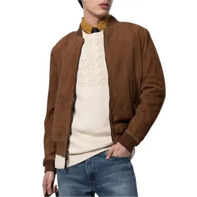Mens Brown Suede Leather Bomber Jacket